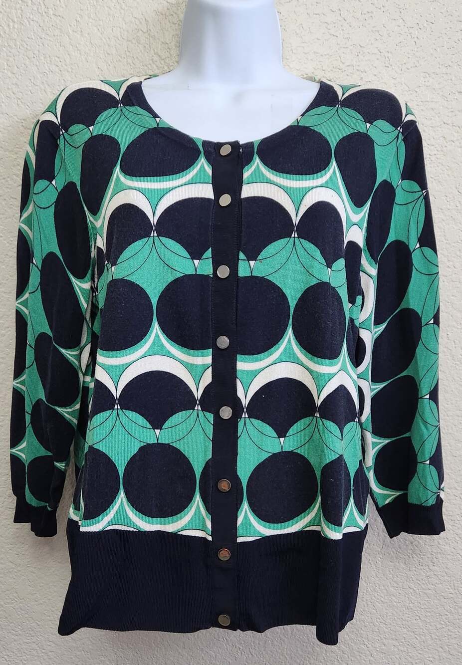 VTG Peter Nygard Green Blue White Button Up Cardigan Sweater Large Lightweight